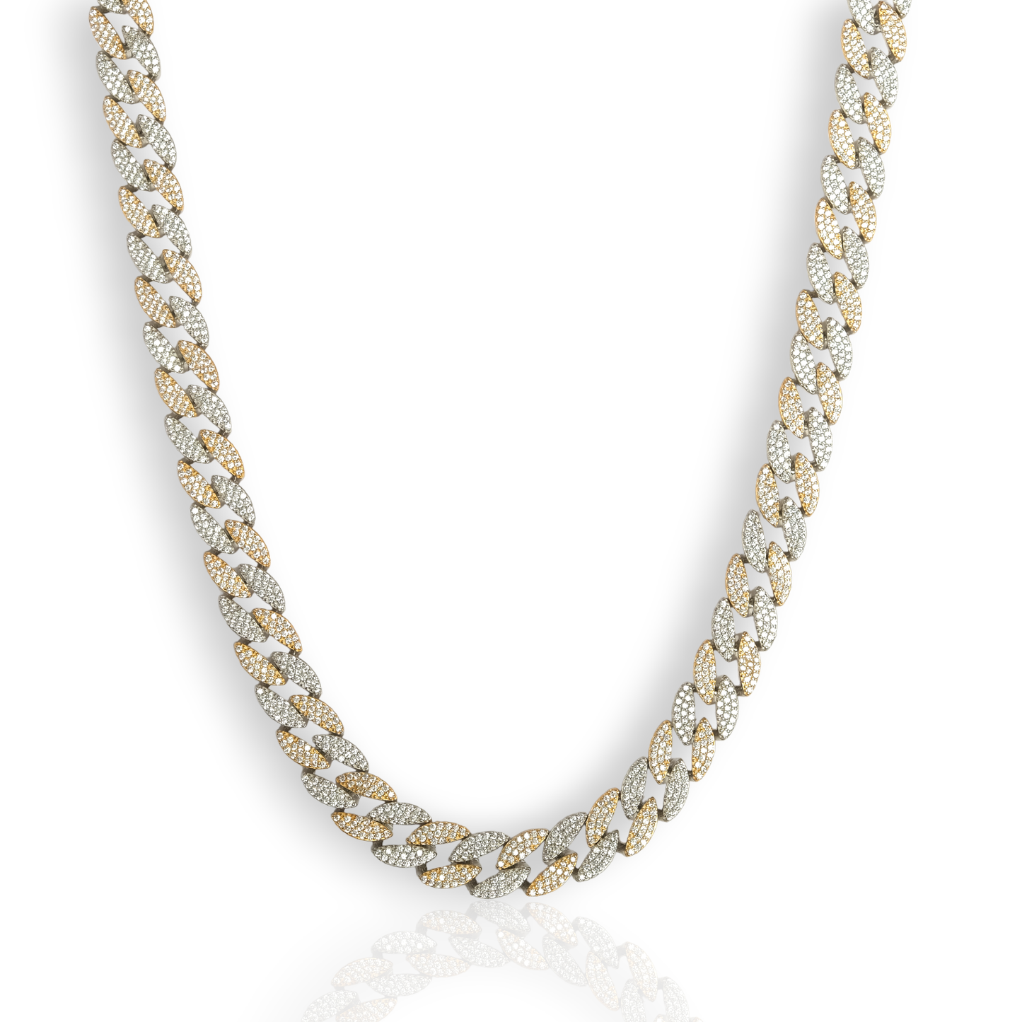 Women's 14k Two Tone Gold Miami Cuban Chain Necklace with White Pave