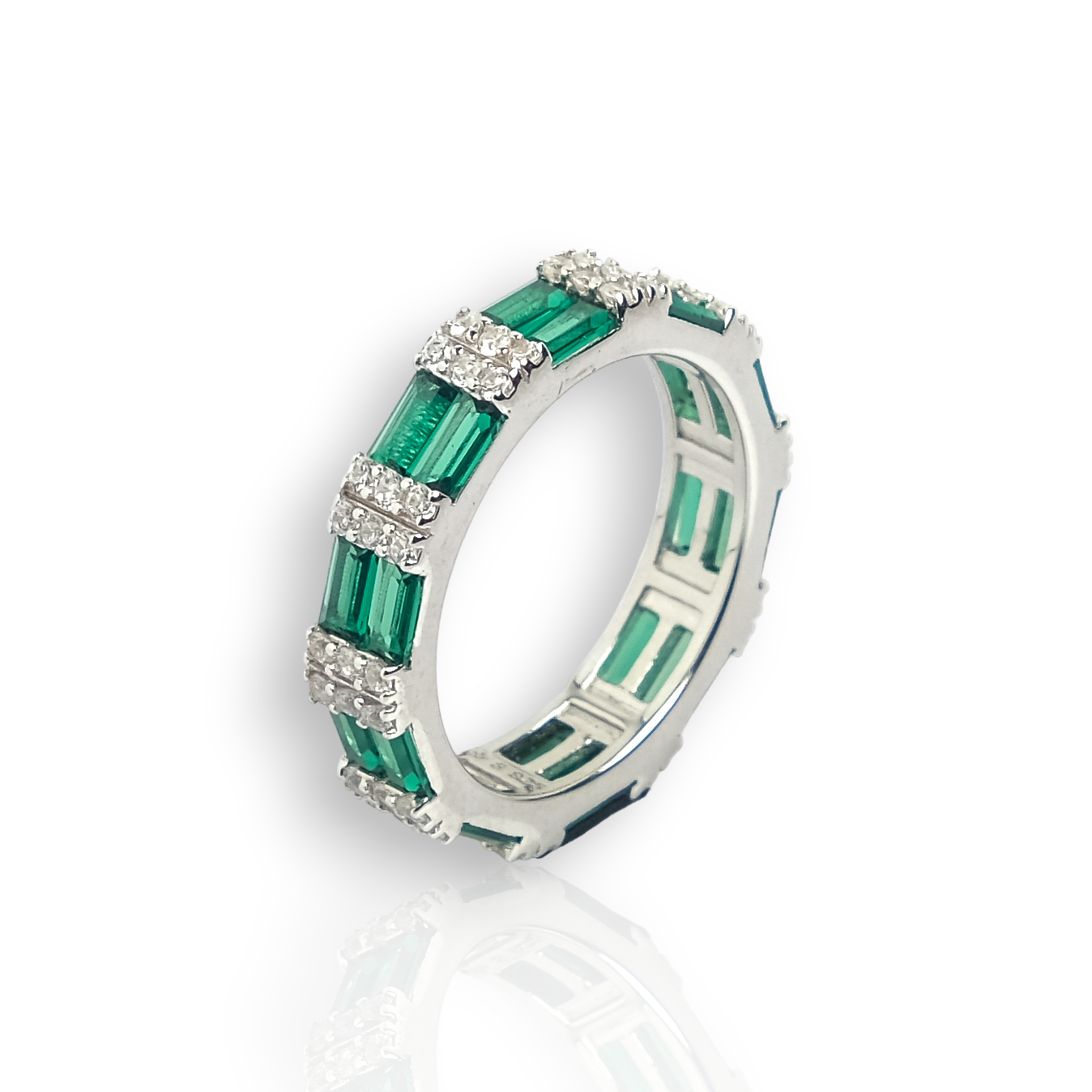 Geometric White And Green Zircon Silver Ring