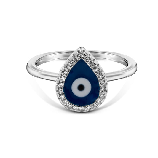 Silver Authentic Pear Blue Evil Eye Ring